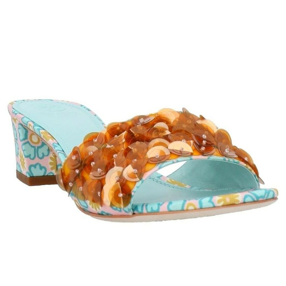 Tory Burch Annette Stain Floral Print Sequin 45MM Sandal Slides Size 7.5